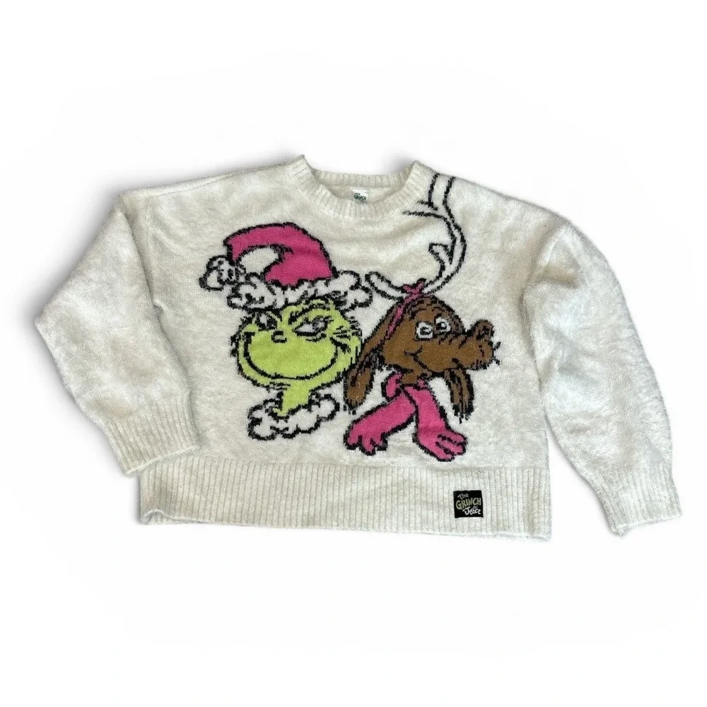 The Grinch by Justice Girls XL 16/18 Fuzzy Knit Christmas Sweater Cream Max Dog